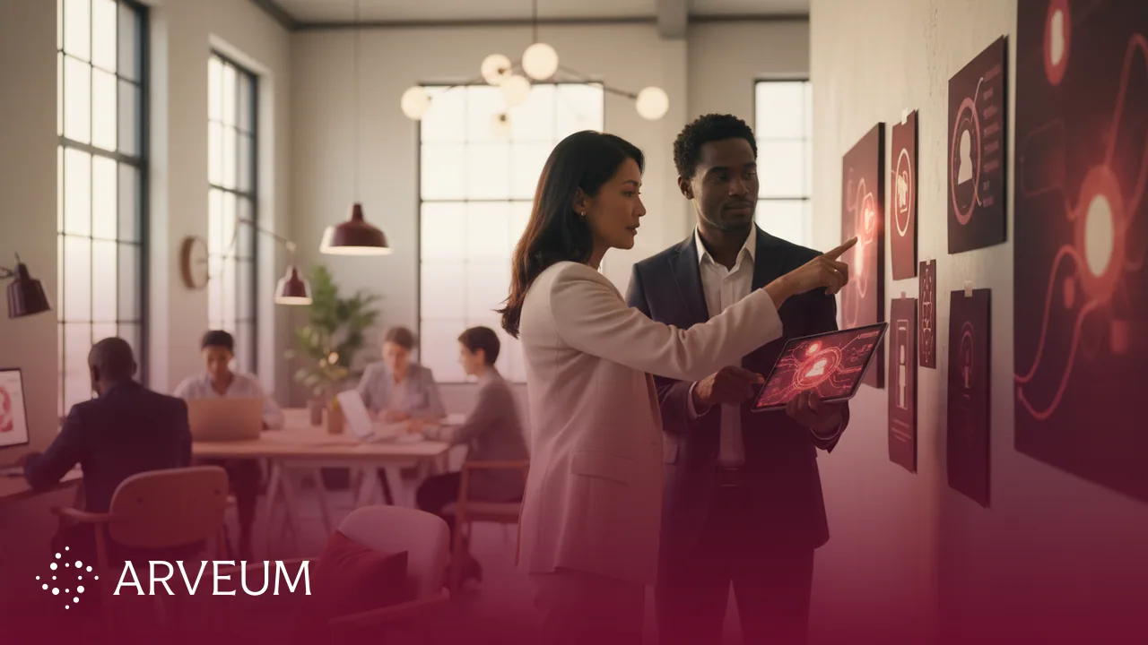 Symbolbild Employer-Branding-Strategie: zwei HR-Verantwortliche prüfen an einer Wand mit Kennzahlen, welche Aussagen über den Arbeitgeber belegbar sind.