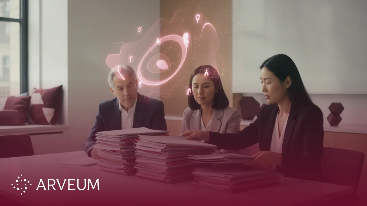Symbolbild Recruiting-Strategie im War for Talent: ein HR-Team sichtet an einem Tisch hohe Stapel ausgedruckter Bewerbungen.