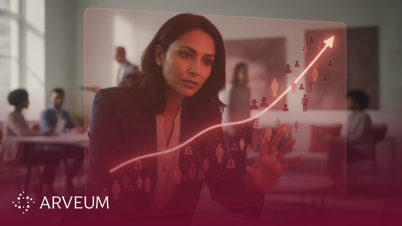 Symbolbild Predictive Hiring: ein Recruiter betrachtet eine leuchtende Prognosekurve über Kandidaten-Symbolen.